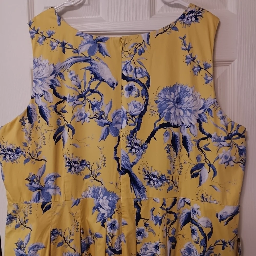 Talbots China Blue on Yellow Toile Print Sleeveless Fit & Flare Dress w/ Pockets